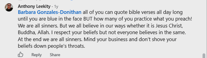 Facebook screenshot showing Anthony Leekity’s longer comment about practicing what you preach and respecting different beliefs; full transcription follows.