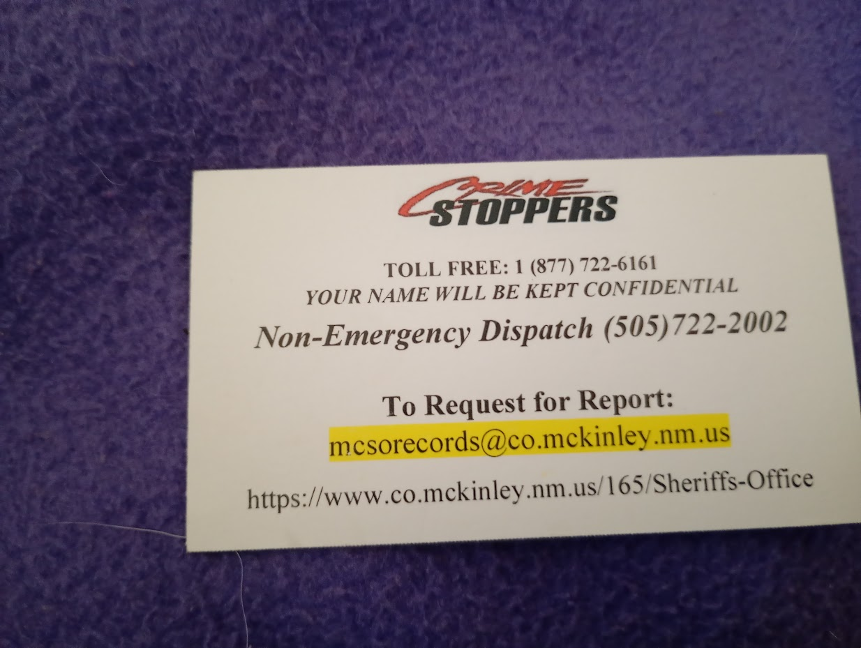 Back of the card, showing Crime Stoppers, non-emergency dispatch, a highlighted MCSO records email address, and the Sheriff’s Office website.