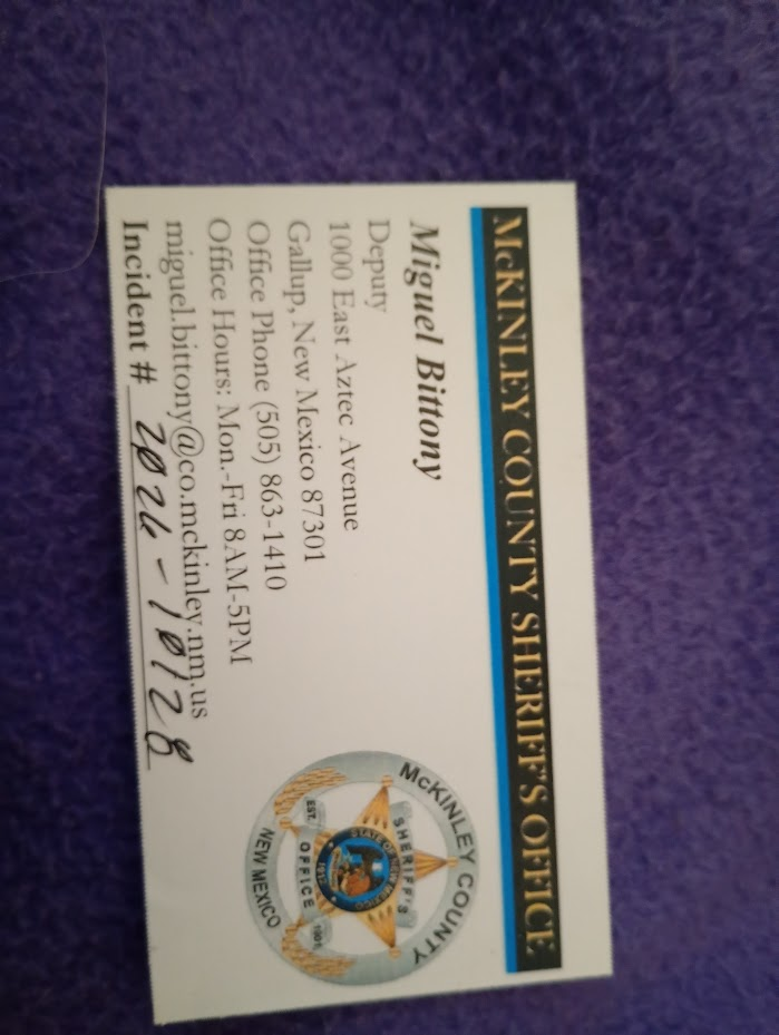 Front of Miguel Bittony’s MCSO business card, showing his name, office contact details, office hours, and a handwritten incident number.