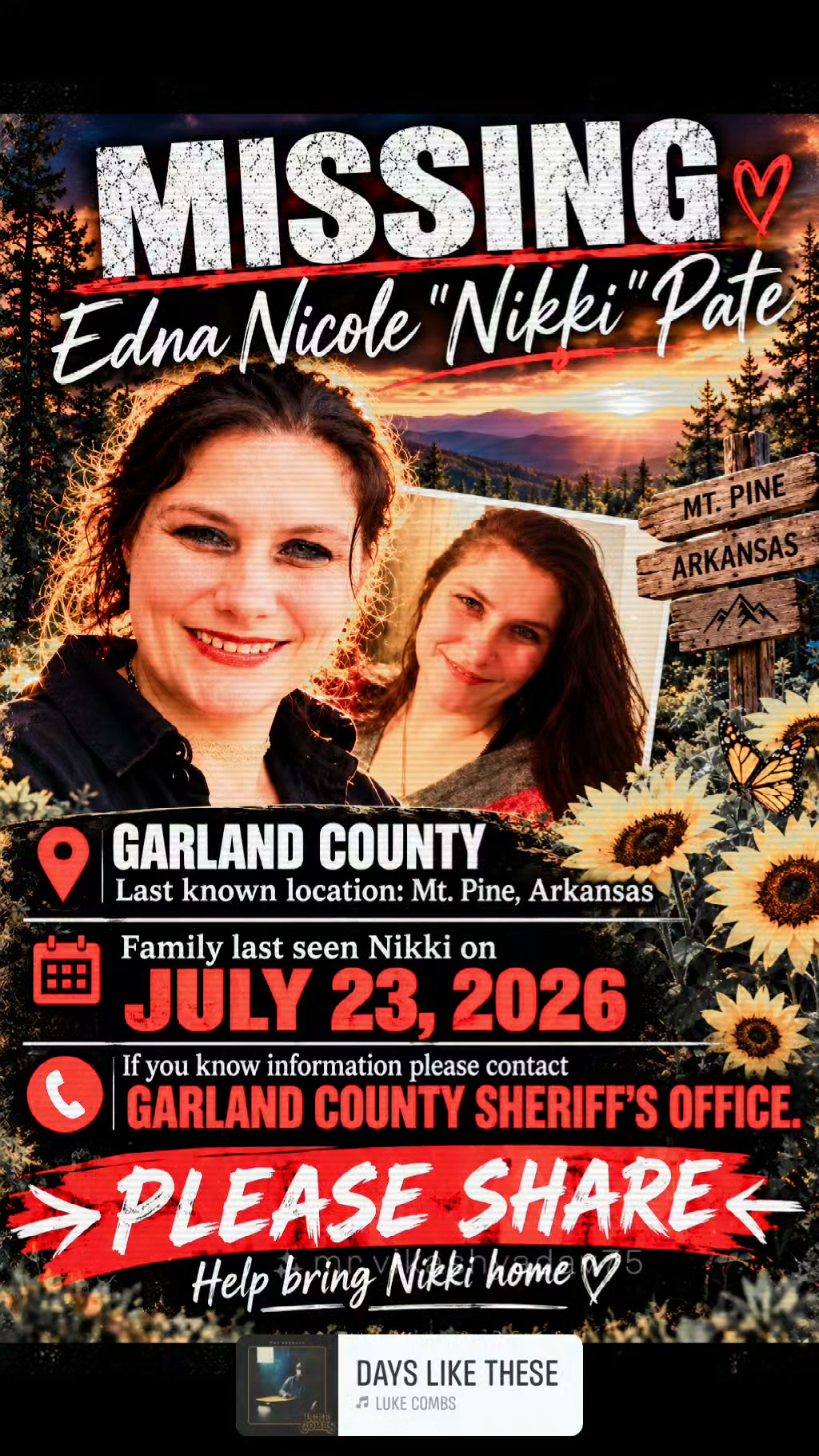 Family appeal graphic for Edna Nicole Nikki Pate, with two photographs, Mountain Pine location and July 23, 2026 last-seen date