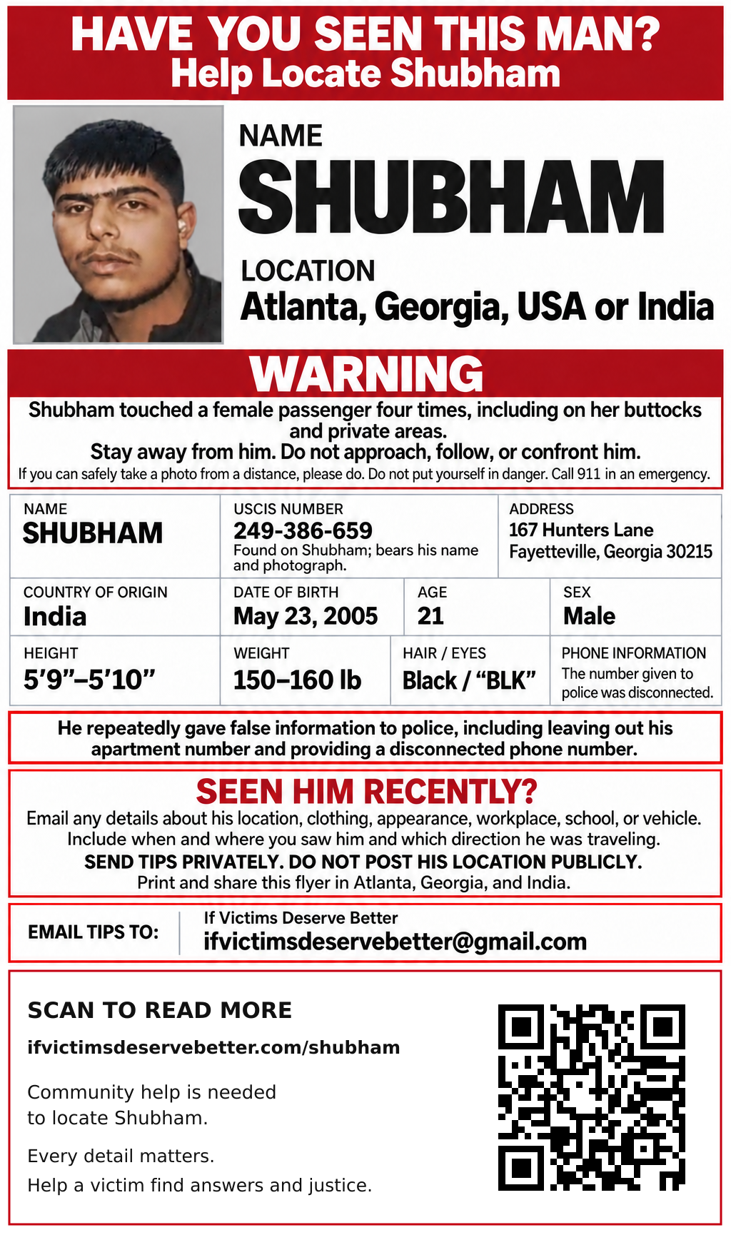 English location flyer asking whether anyone has seen Shubham and providing safety and private-contact information