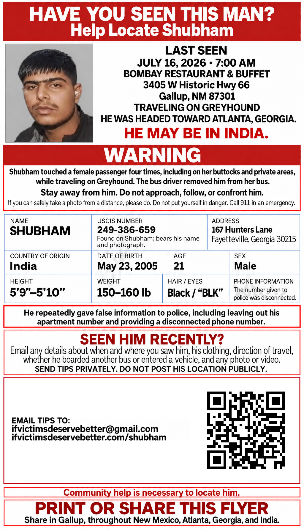 English flyer with the Gallup last-seen details for Shubham and a large QR code linking to the case record
